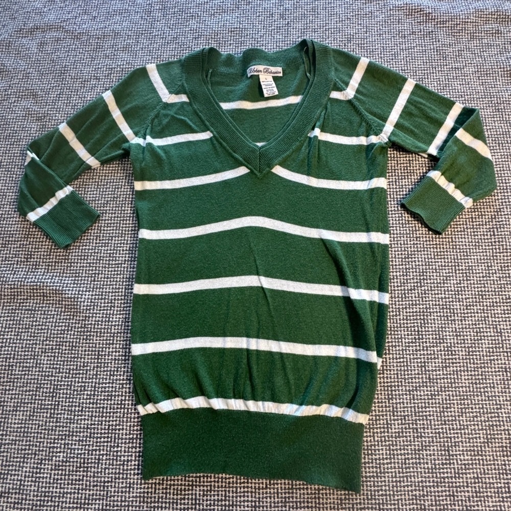 Urban Behavior Green White Striped V-Neck Cotton Pullover Sweater Womens Large